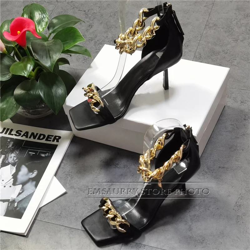 

Black Genuine Leather Square Toe Sandals Women Unique Thin High Heels Back Zip Open Toes Metal Chains Decor Runway Sandalias