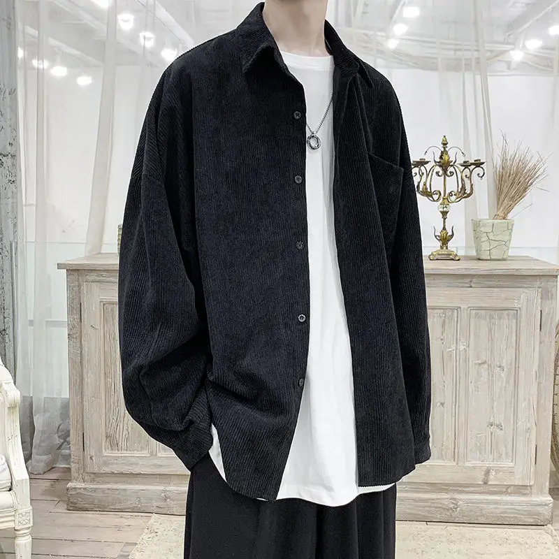 

Pure Color Corduroy Shirt Men Korean Fashion Loose Casual Shirt Men Harajuku Streetwear Retro Pleated Long-sleeved Shirt Men