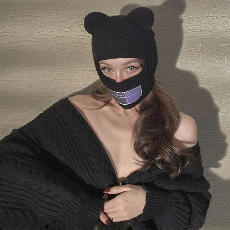 

2020 Autumn Winter Fashion All Match Warm Knitted Hat with Ears Warm Mask for Women Russian