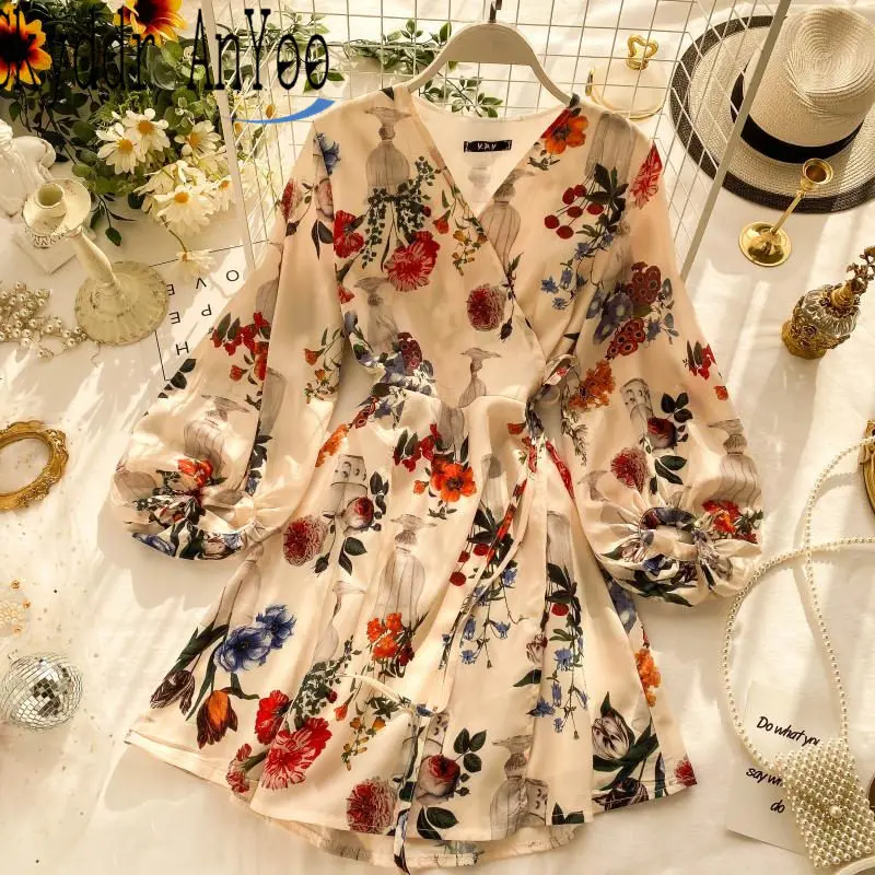 Женское шифоновое платье с V образным вырезом длинным рукавом фонариком|Женские