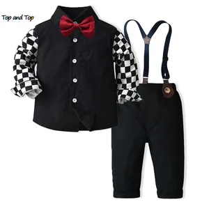 top and top Autumn Winter Toddler Boys Gentleman Clothing Set Kids Boy Long Sleeve Plaid Bowtie Shir