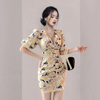 summer elegant womens yellow floral dress french style vintage chrysanthemum print sexy bodycon dress 2021 female vestidos