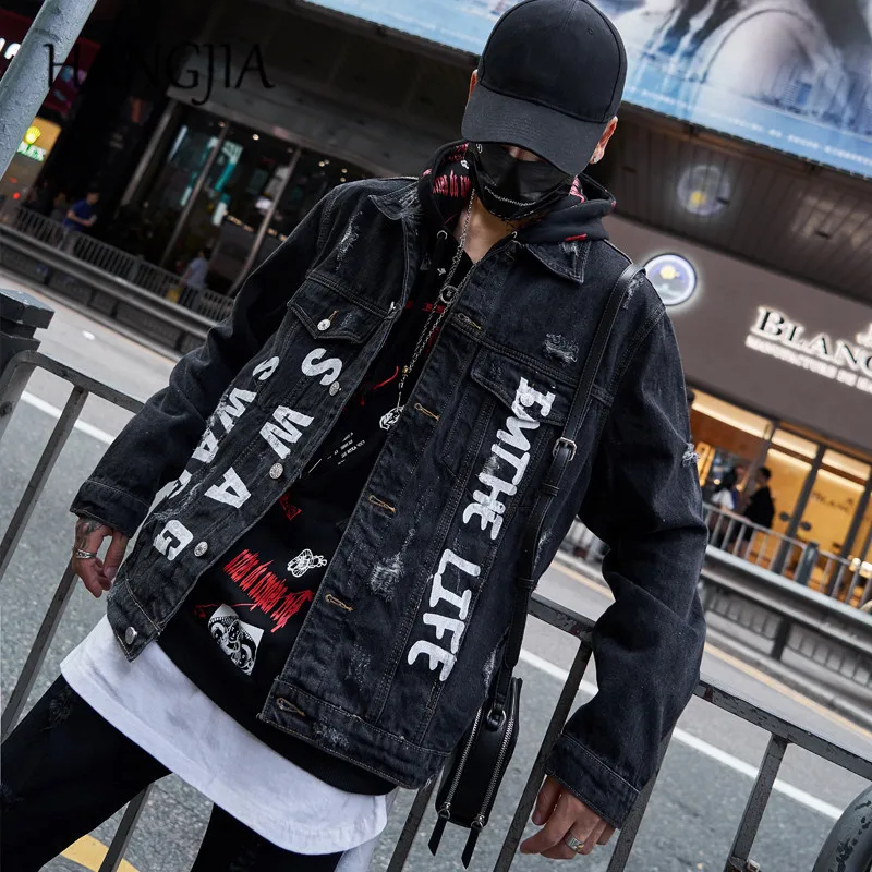 

Swag Streetwear Denim Jackets Hip Hop Hole Ripped Denim Jacket Coats Black Jeans Jackets Men Letters Embroidery Outwear 2020