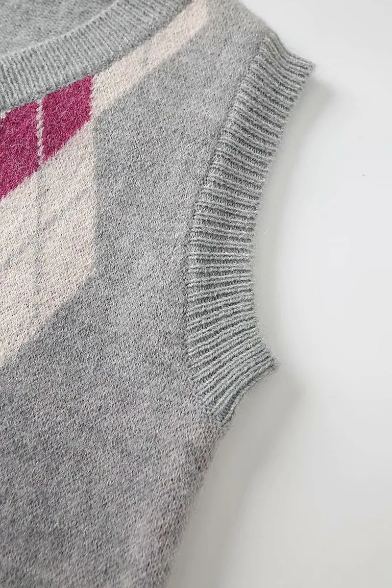 Женский винтажный Трикотажный жилет серый клетчатый с V-образным вырезом осень