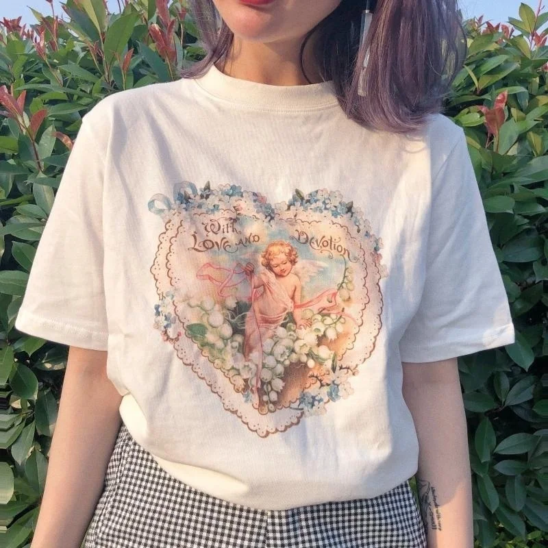 

Women tshirts Vintage Style Cupid Flowers T-Shirt Korean Fashion Ulzzang Grunge White Tee Aesthetic Art shirts for women