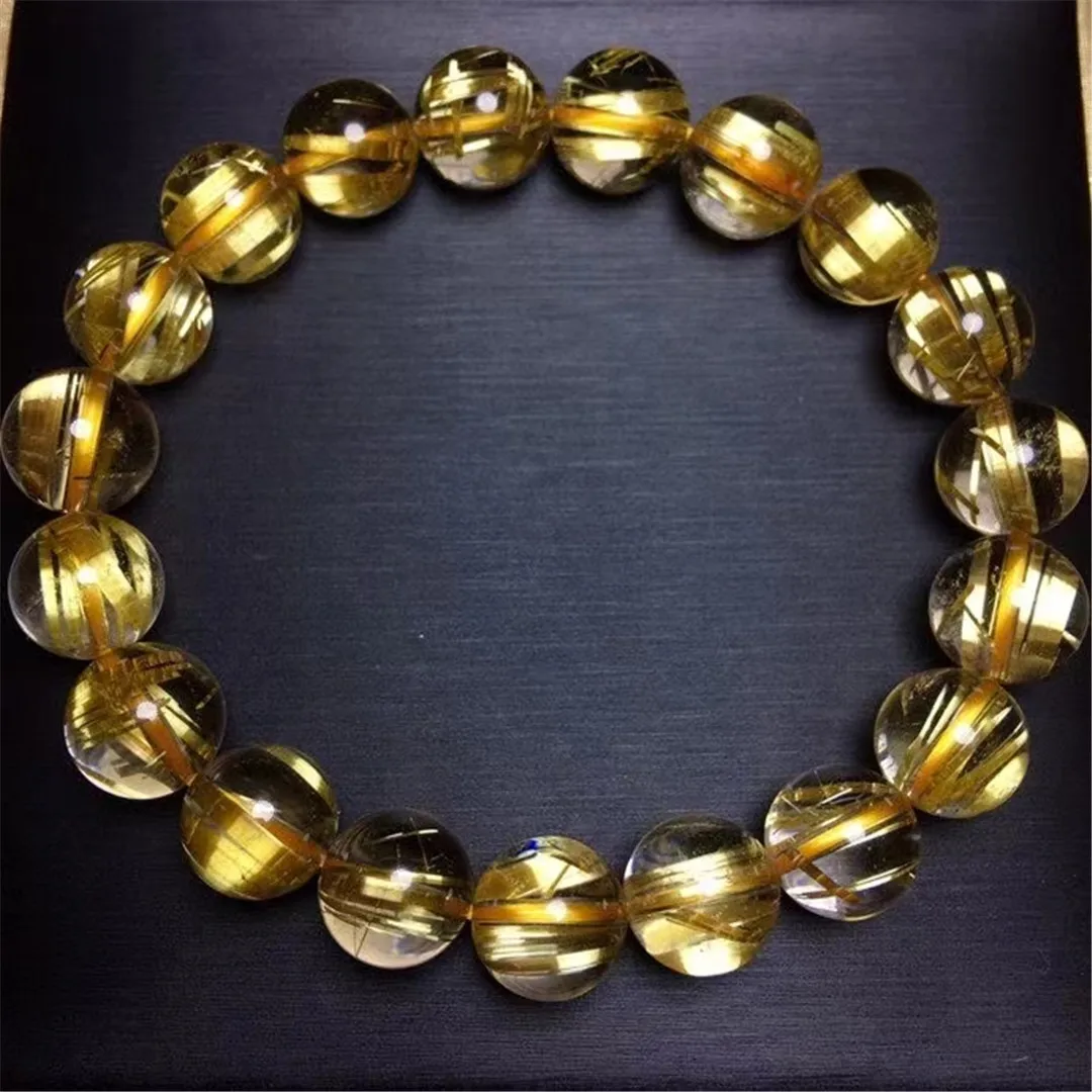 

10mm Top Natural Gold Rutilated Quartz Bracelet Jewelry For Women Lady Man Gift Wealth Healing Crystal Round Beads Stretch AAAAA