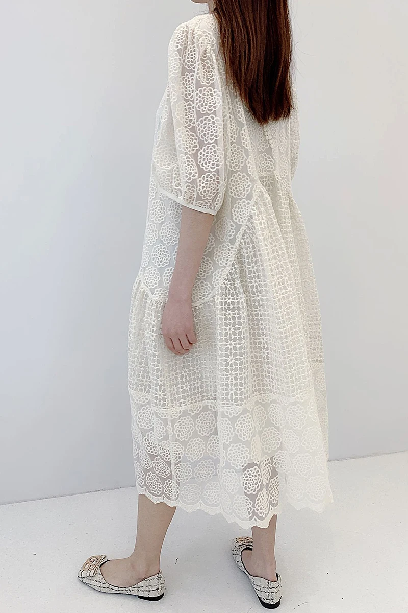 

elegant Fairy Large Swing Dress 2021 Spring/Summer New Style White Sweet Puff Sleeve Lace Dress Fashionable Simple Loose Dress
