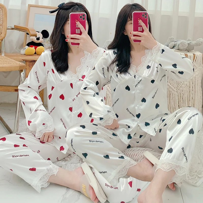 

2021 Spring Summer Silk Satin Print V-neck Pajama Set for Women Long Sleeve Sleepwear Pyjamas Homewear Pijama Mujer Home Clothes