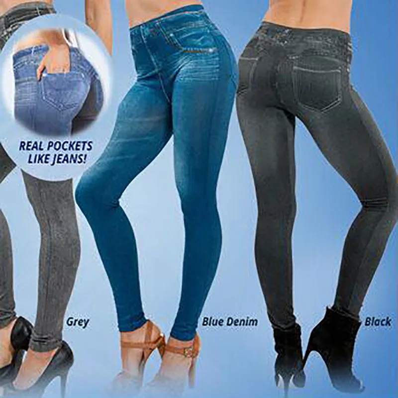 Бесшовные имитация джинсовой ткани с реальным карманом обтягивающие Стрейчевые