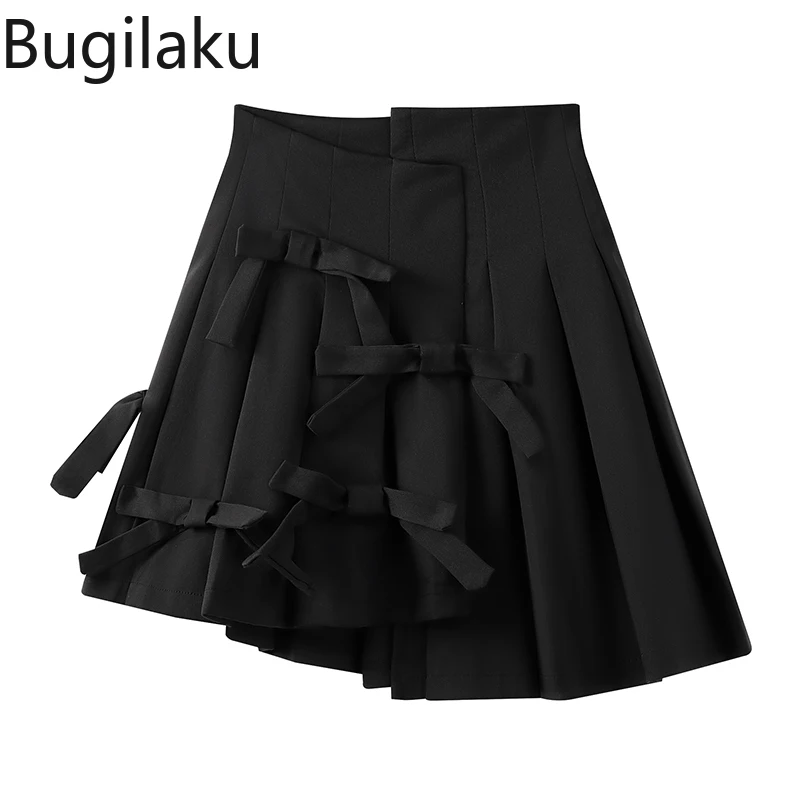 

Женская плиссированная мини-юбка Bugilaku, черная однотонная Асимметричная мини-юбка трапециевидной формы с бантом и высокой талией в уличном ...