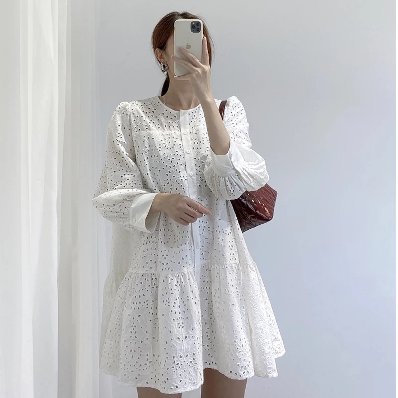 Женское ажурное мини-платье-рубашка повседневное свободное белое праздвечерние
