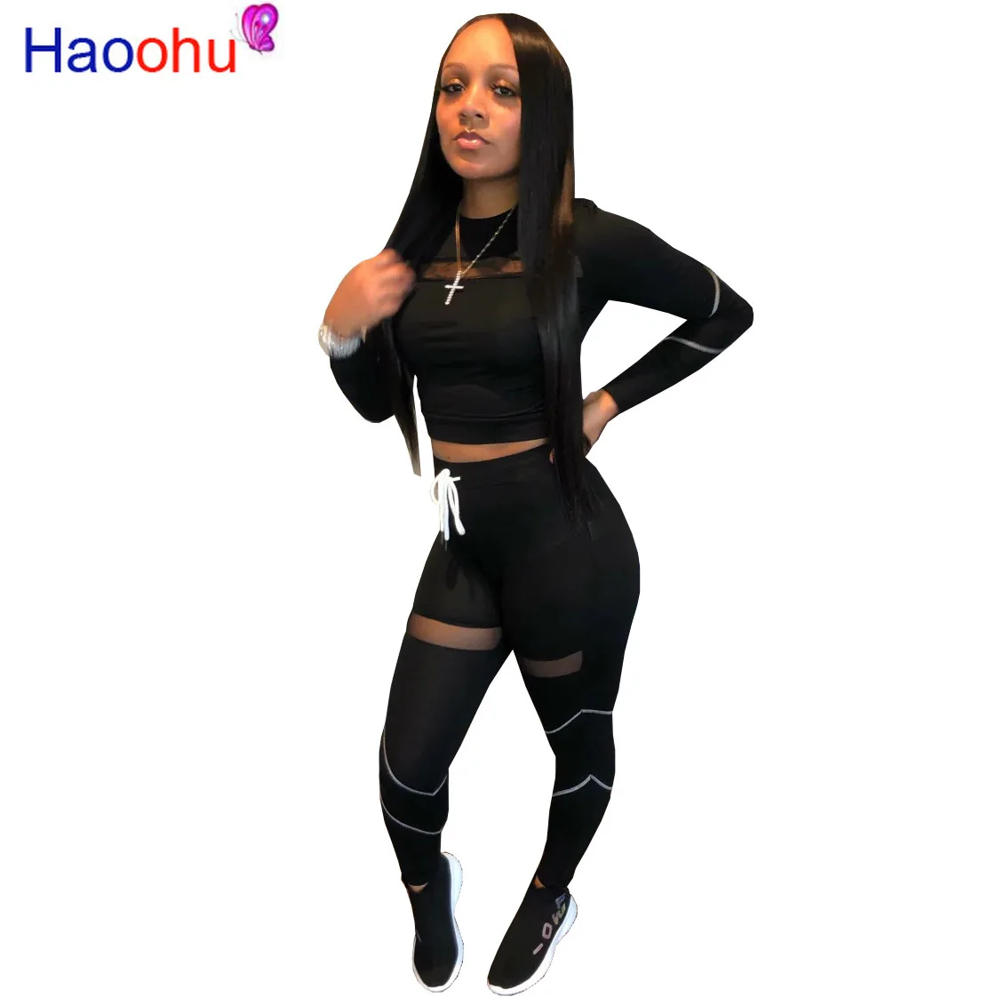 

Sexy casual outfits tracksuit women patchwork mesh striped autumn two piece set top and pants ensemble femme dos piezas
