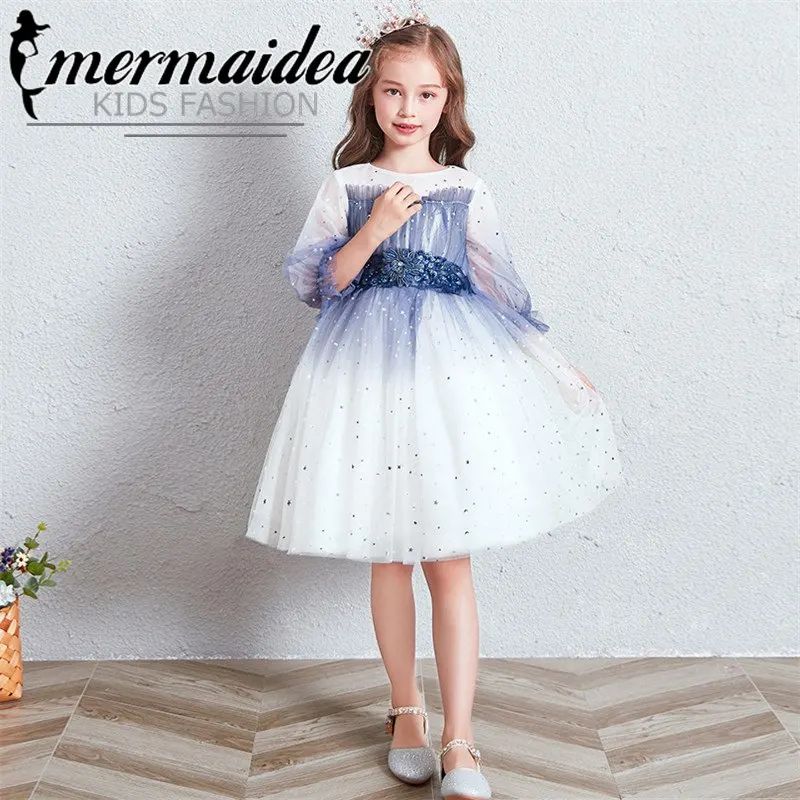 Весенне-осеннее Сетчатое платье принцессы расшитое блестками для дня рождения