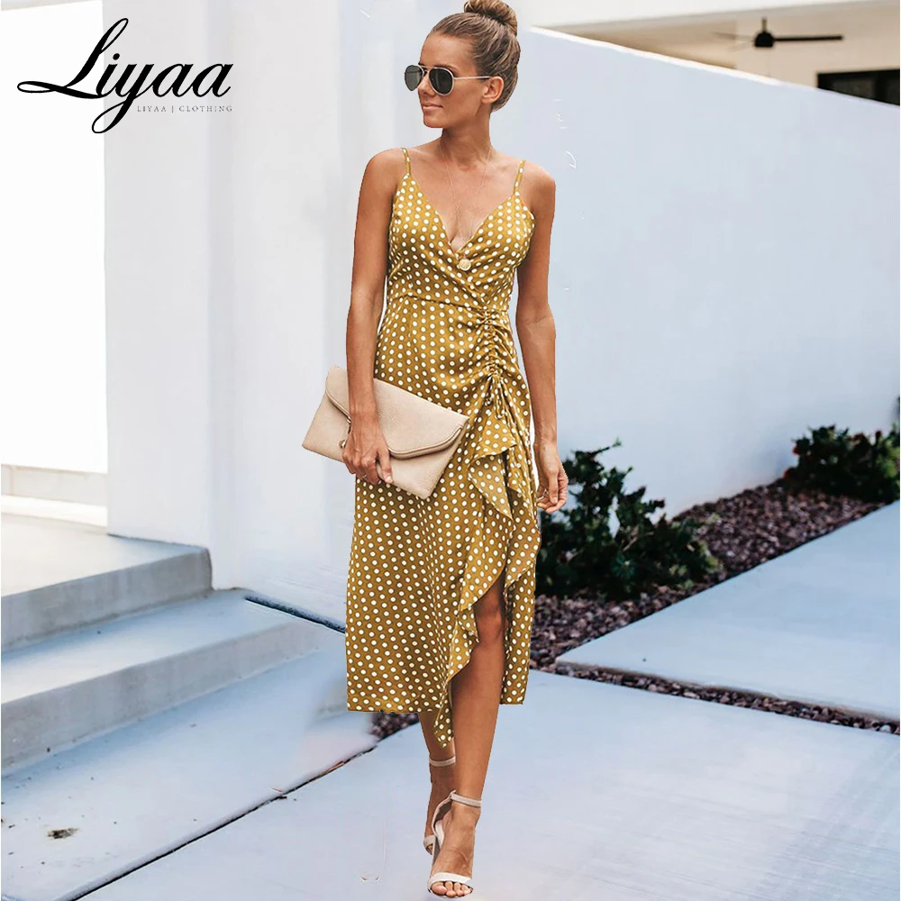Женское Плиссированное Платье миди Liyaa платье в горошек с оборками и разрезом v
