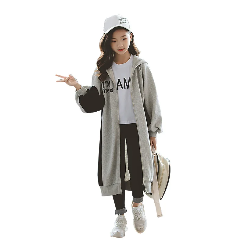 

Girl's Coat 2021 Autumn/winter Pure Cotton Long-style Hooded Knit Coat with Collared Stitching and Zipper Cardigan Coat