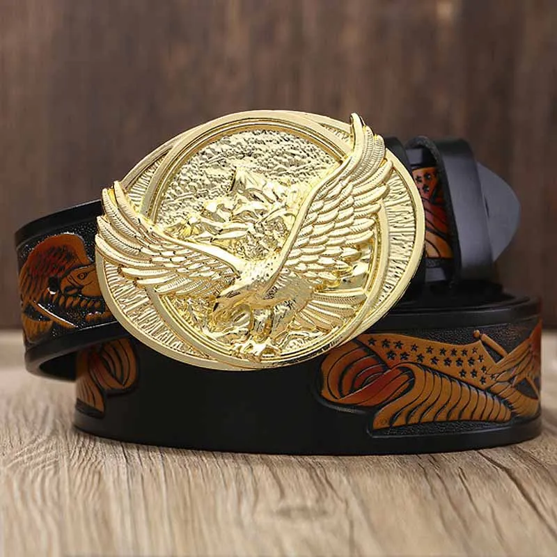Gold buckle Black Винтажный Мужской ремень с Орлиной пряжкой из натуральной кожи, ремень из воловьей кожи, дизайнерские ремни с пряжкой для мужских джинсов, поясной ремень, подарки - Цвет: Gold buckle Black