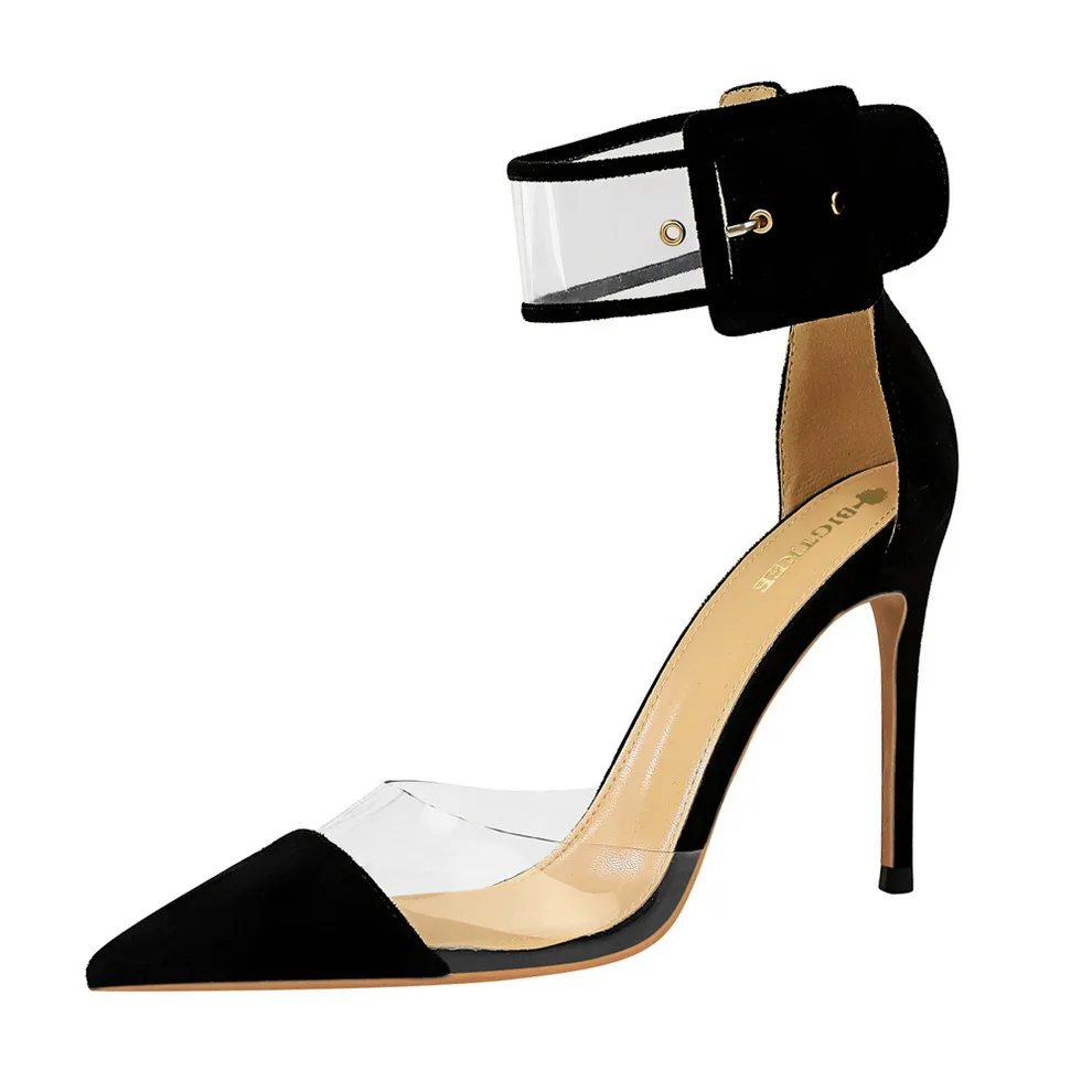 

Korean Version of the Super High Heels in Her Suede Splicing Tip Hollow Belt Buckle Hollow Transparent Word Strap Sandals