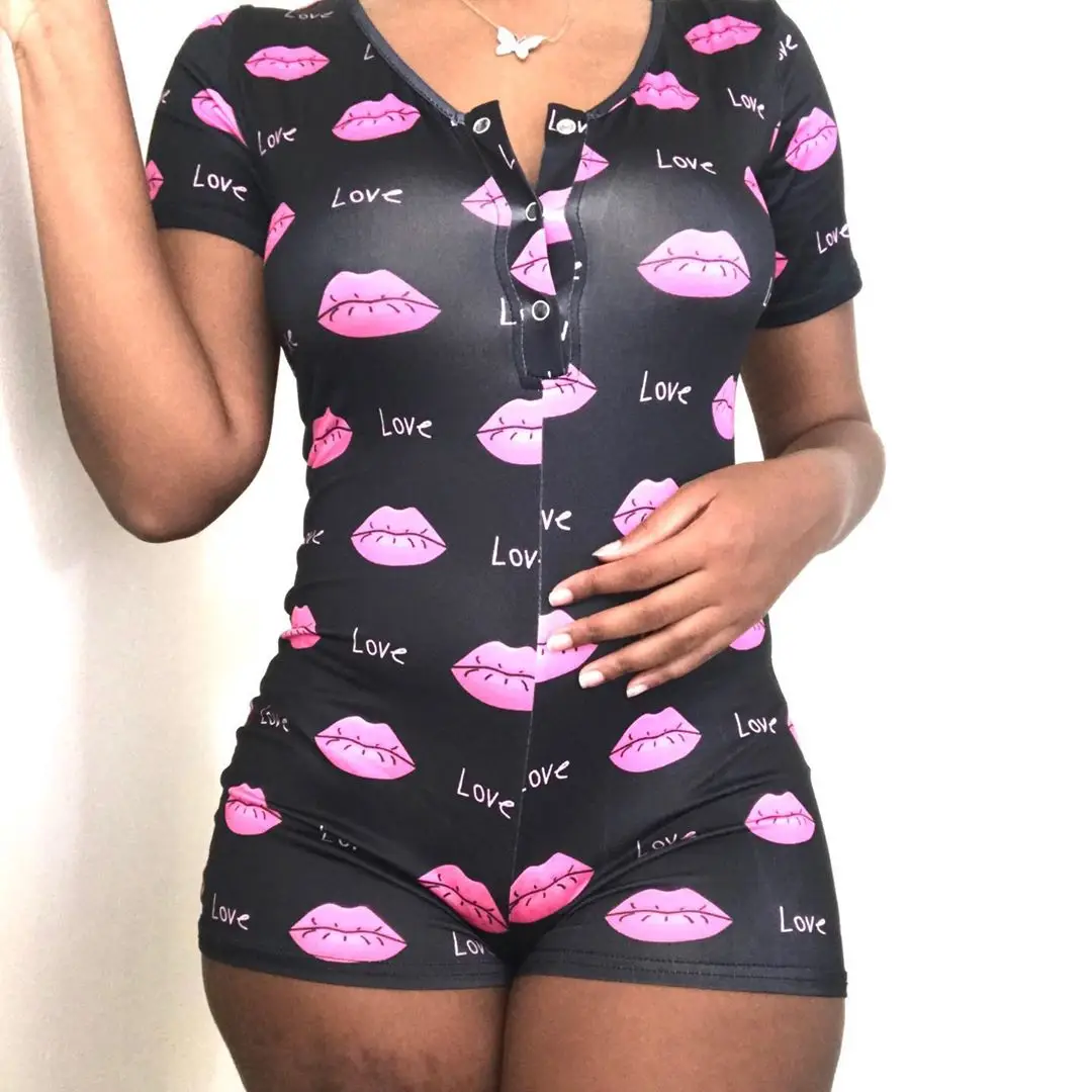 

Summer Women Short Sleeve Deep V-neck Single Breasted Bodysuit Bodycon Romper Female Lady Print Slim Fit Pajama Suit Homewear