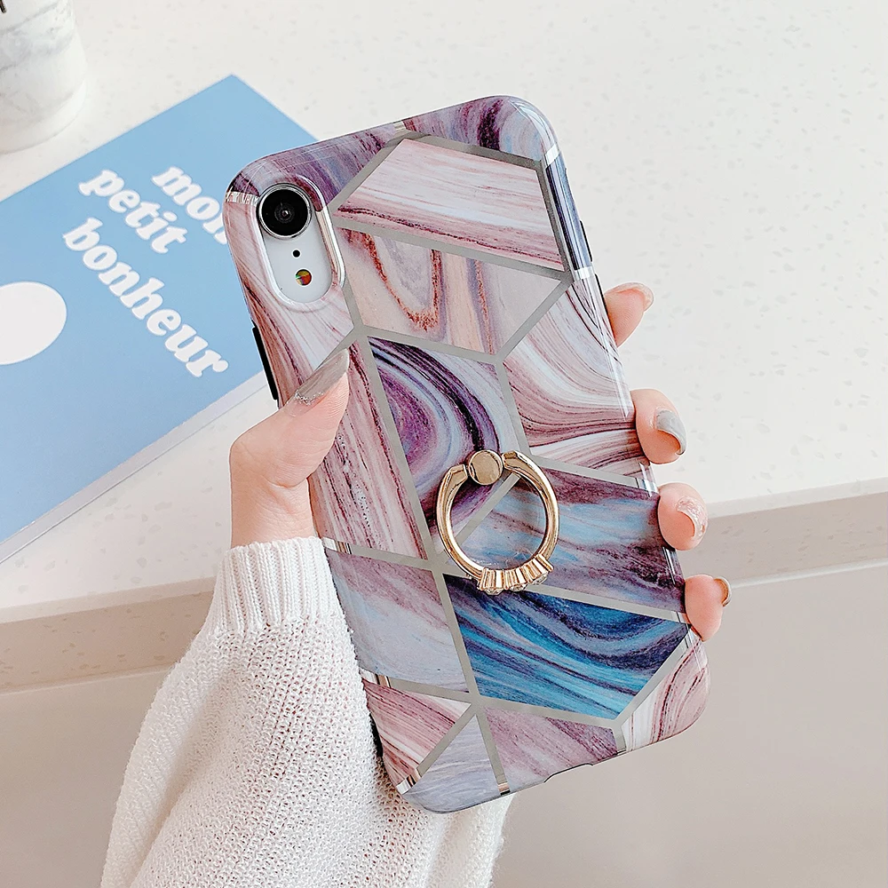 k Чехол для телефона LOVECOM для iPhone 11 Pro XR XS Max 6 6S 7 8 Plus X Мягкая Гальваническая мраморная задняя крышка с кольцом на палец - Цвет: k