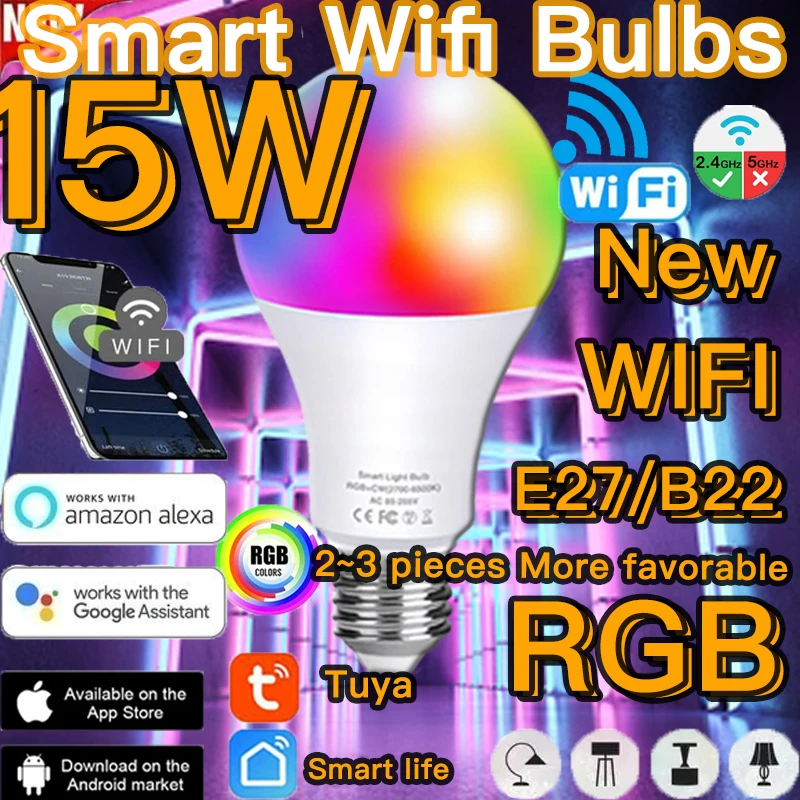 

15W Smart Bulb Dimmable E27 LED Lamp RGB Wifi Light Or IR Remote Control LED Lampas Party Home Automation Alexa Google Assistant