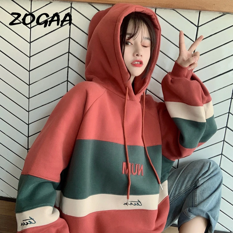 

ZOGAA Hoodies Women Pollover Sweater Fall Winter New Student Hooded Loose Casual All-match Lazy Patchwork Fashion Oversize Print