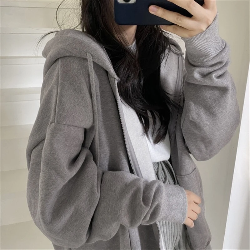 Winter Casual Streetwear Solid Loose Oversized hoodie Harajuku Soft cotton Warm Thin Zipper Y2K Women sweetshirts All-match Top