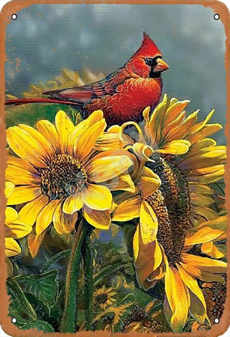 

Keely Sunflower Cardinal and Bird Metal Vintage Tin Sign Wall Decoration 12x8 inches for Cafe Coffee Bars Restaurants Pubs Man
