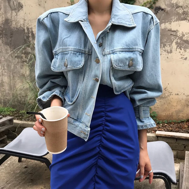 

2021 New Denim Blue Short Jackets Women Lapel Single-breasted Casual Streetwear Jeans Jackets Female Spring Outerwear Coat