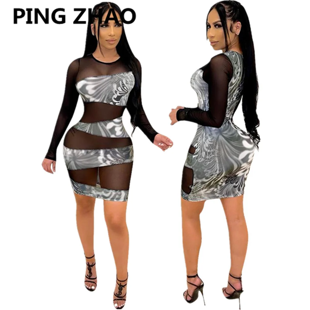 

PING ZHAO Women Fall Long Sleeve O Neck Bodycon Mesh Patchwork Sexy Fashion Night Club Party Bandage Mini Dresses Vestidos
