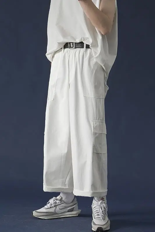 

2020 Spring And Summer New Youth Popular Solid Color Large Pockets Loose Overalls Fashion Casual Straight Cropped Pants