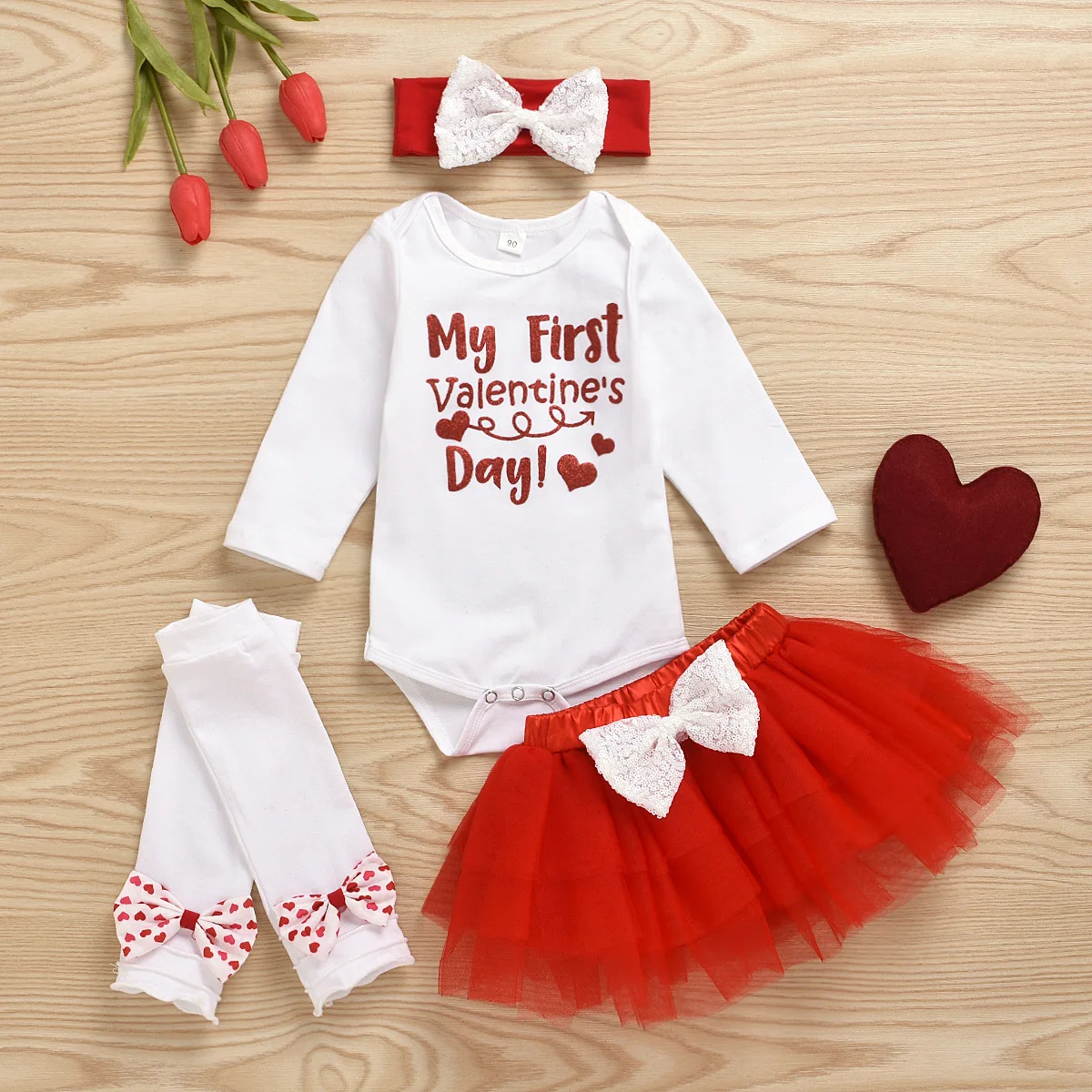 

Valentine's Day 0-12M Baby Girl’s Outfits Five Piece Suit Special Letter Romper Sequin Bow Gauze Skirt and Headband Leg Warmer
