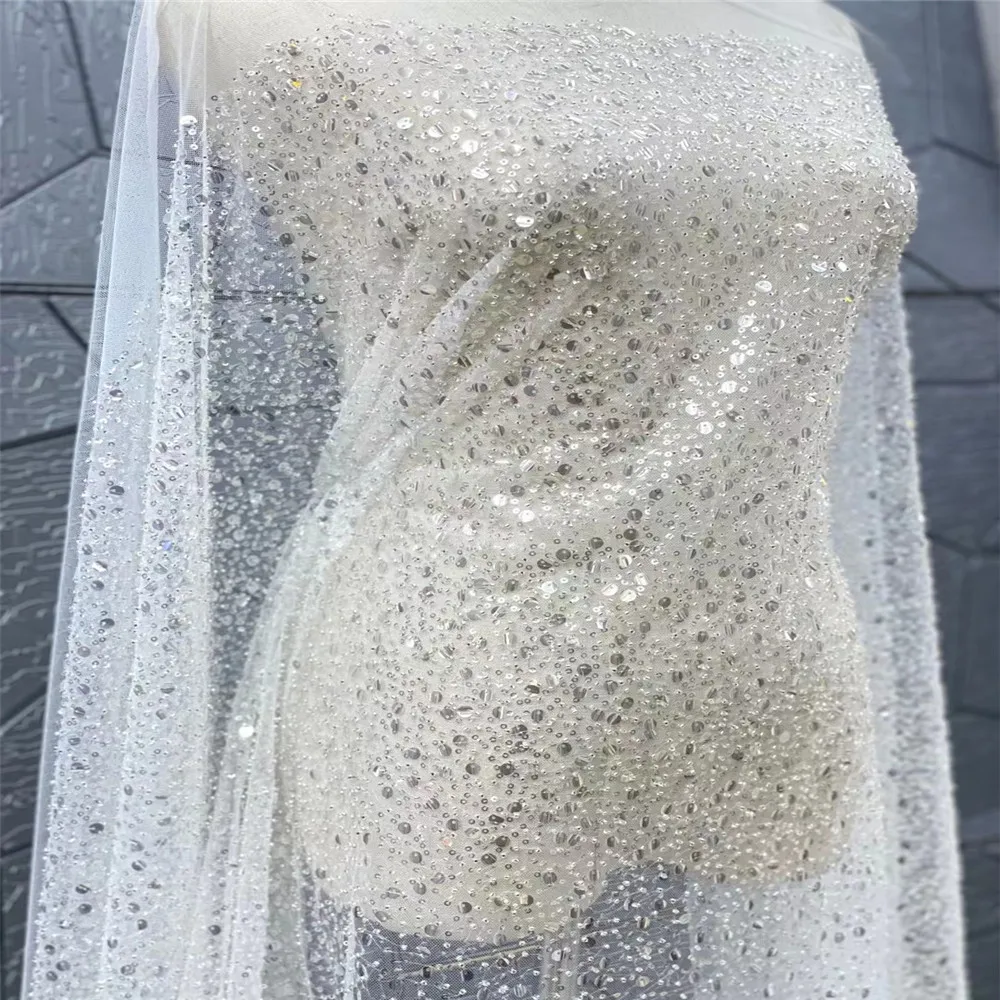 

Latest African Lace Fabrics Sequins Nigerian Mesh Lace Fabric White French Lace Fabric For Party Wedding Diy Dress