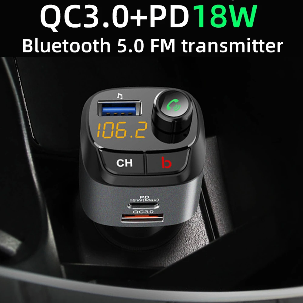 

QC3.0 PD 18W Bluetooth 5.0 FM Transmitter Car Kit MP3 Modulator Player Wireless Handsfree Audio Receiver Dual USB Fast Charger