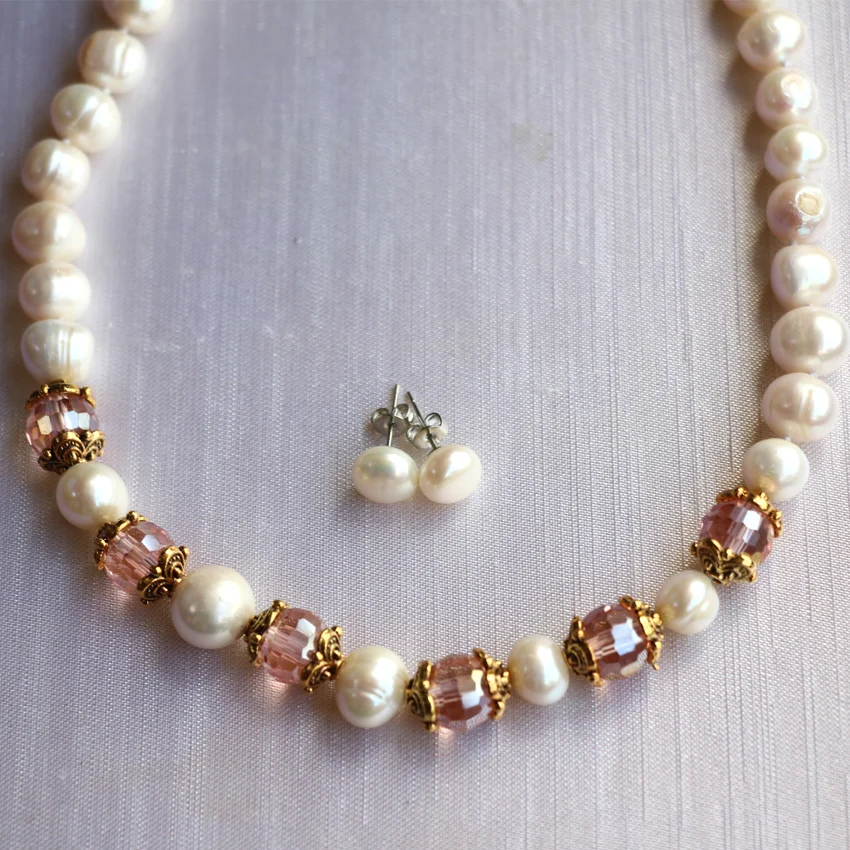Bohemis style 8-9mm white natural cultured freshwater pearl beads necklace earrings high grade women jewelry set 18inch B3023 | Украшения и
