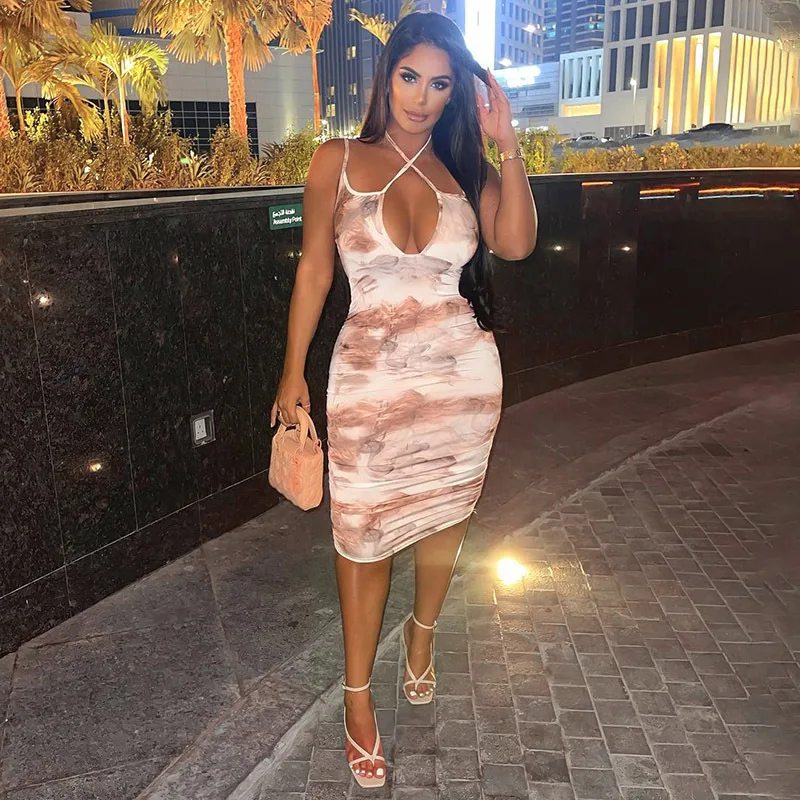 

Sexy Women Draped Print Mini Dress V Neck Sleeveless Lace up Female Fashion Summer Spaghetti Strap Bodycon Sling Sundress 2021