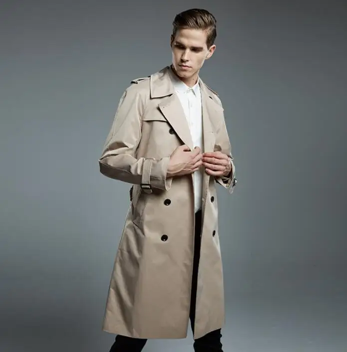 Мужской двубортный тренчкот Спайк! длинная модная одежда цвета хаки черного