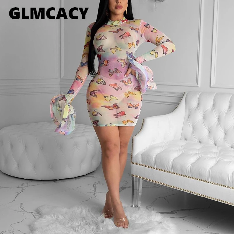 Женское Сетчатое прозрачное облегающее платье с принтом бабочки клубное