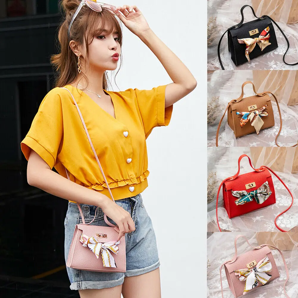 

PU Leather Solid Color Silk Scarf Fashion Shoulder Bag Portable Travel Handbag Casual Women's Messenger Bag