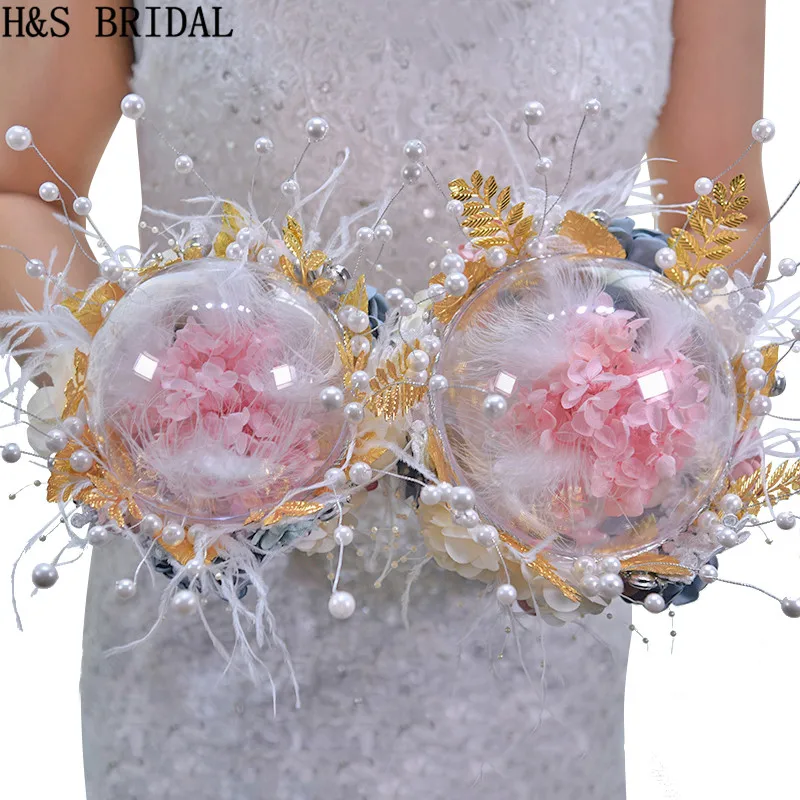 Свадебный букет с перьями H & S золотые броши розовая Свадебная искусственная