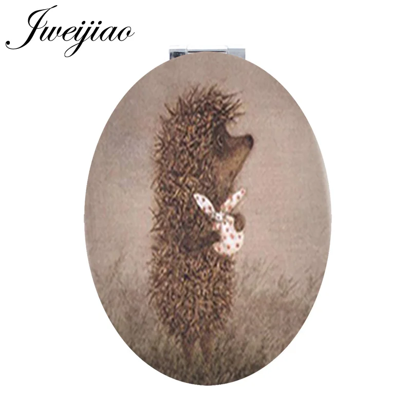 

JWEIJIAO Hedgehog Oval Makeup mirrors natural Prickly cute animal Beauty PU Health Mini Compact mirror For Woman H222