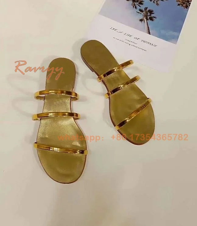 

Gold\Sliver\Black Metallic Flat Sandal Peep Toe Thin Straps Slippers Women's Luxury Causal Dress 2022 Summer Beach Shoes