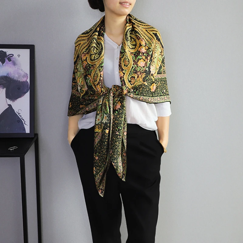

Paisley Print 100% Twill Silk Scarf Wraps Shawl Extra Large Square Cape for Women 135x135cm