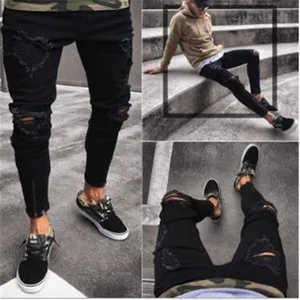 Mens Cool Designer Brand Black Jeans Skinny Ripped Destroyed Stretch Slim Fit Hop Hop Pants With Holes For Men