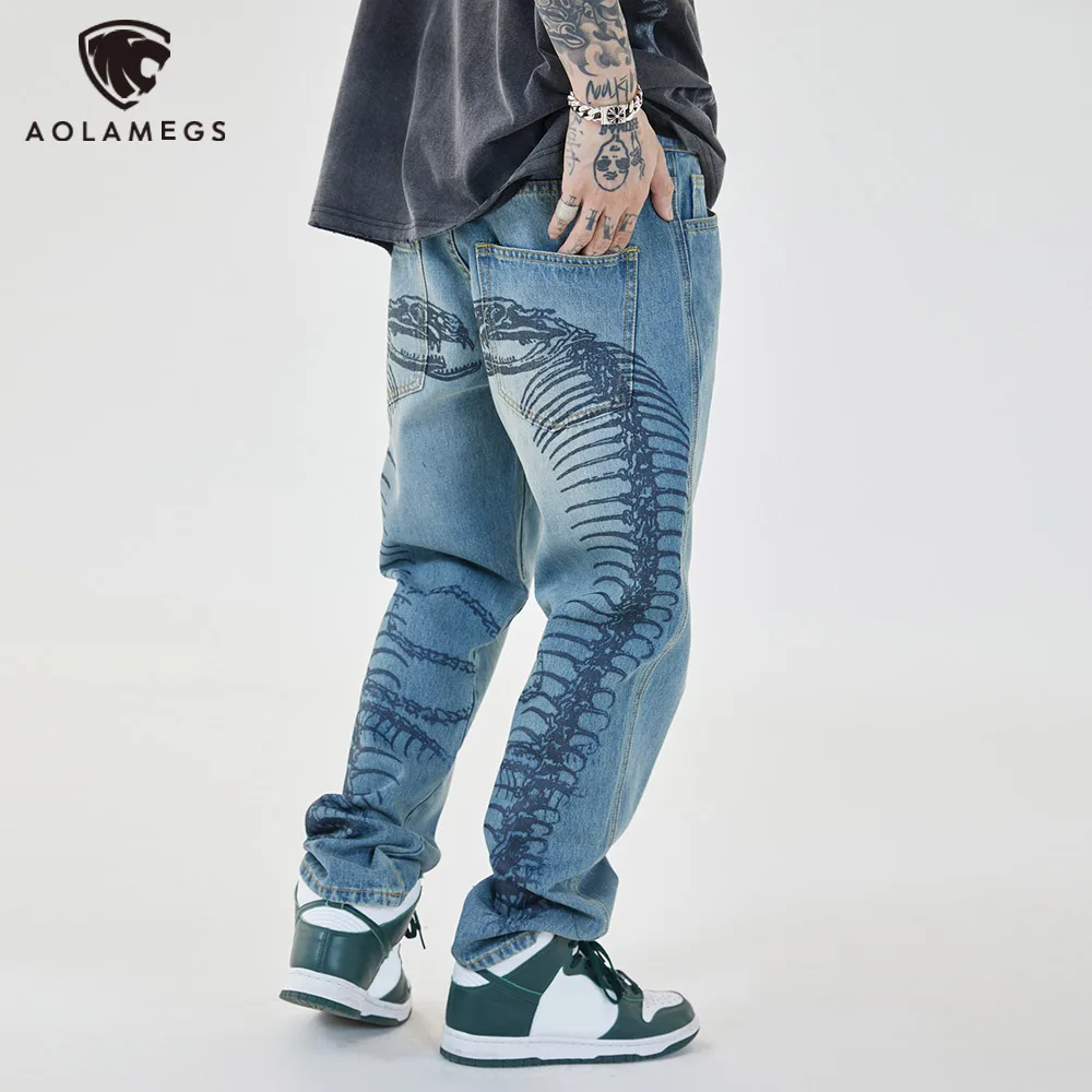 

Aolamegs Jeans Men Punk Bone Print Denim Pants Men Washed Baggy Trousers Retro Harajuku All-match High Street Hipster Streetwear