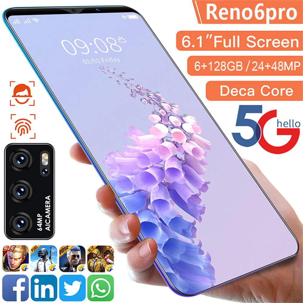 

Global Version Rino6 Pro 5G Smartphone 6 128GB 6.1Inch 24+48MP HD Camera Deca Core 2021 Hot 4G LTE Mobile Cell Phone Network