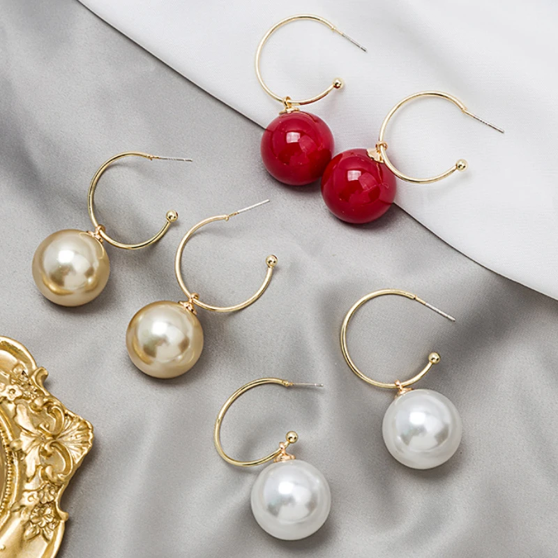 

VSnow Oversized Simulated Pearl Hook Earrings for Women Femme Gold Color Alloy Big Pearl Drop Dangle Earrings Wedding Jewelry