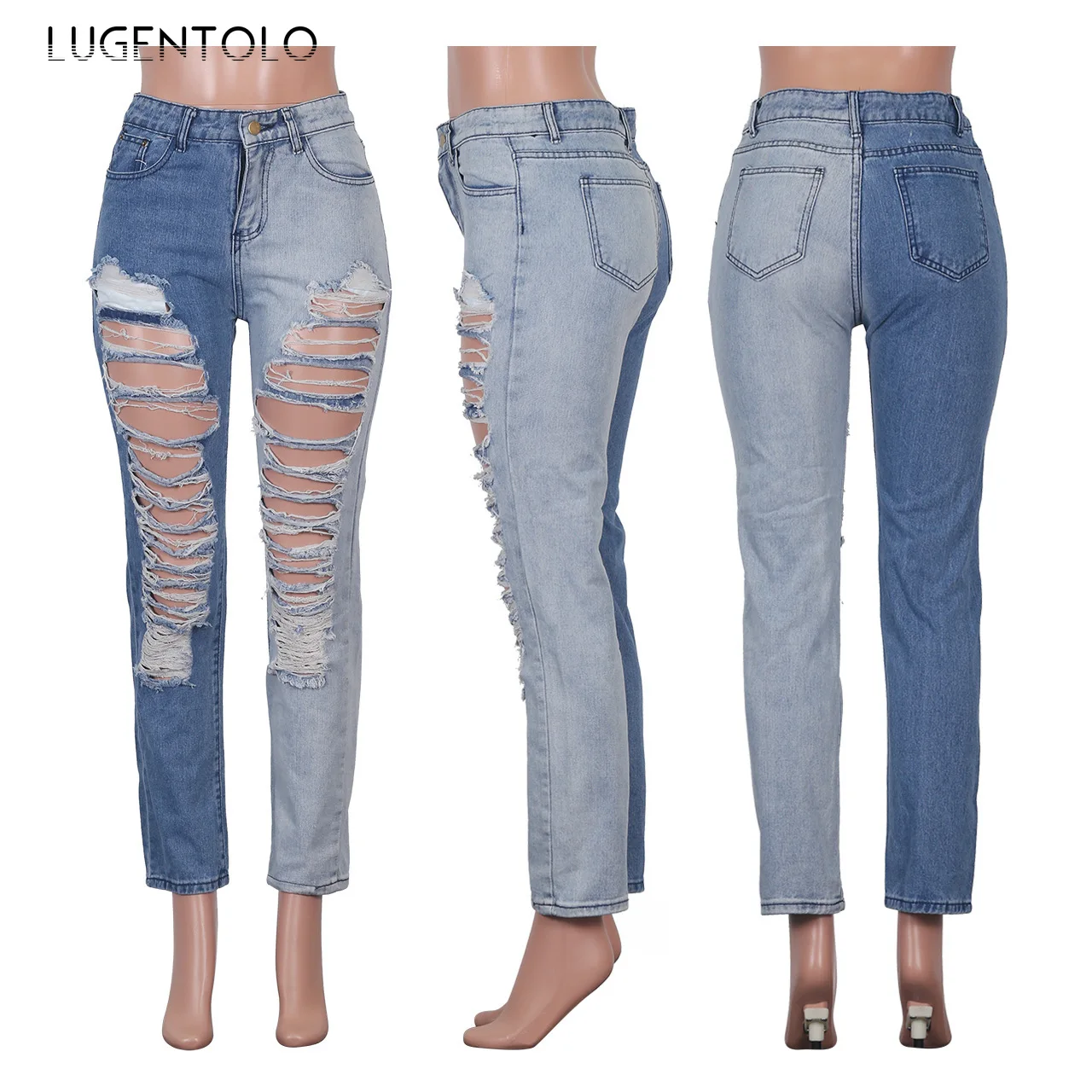 

Lugentolo Women Jeans Spring Summer Fashion Sexy Hole Ripped Washed Stitching Street Casual Female Long Jeans