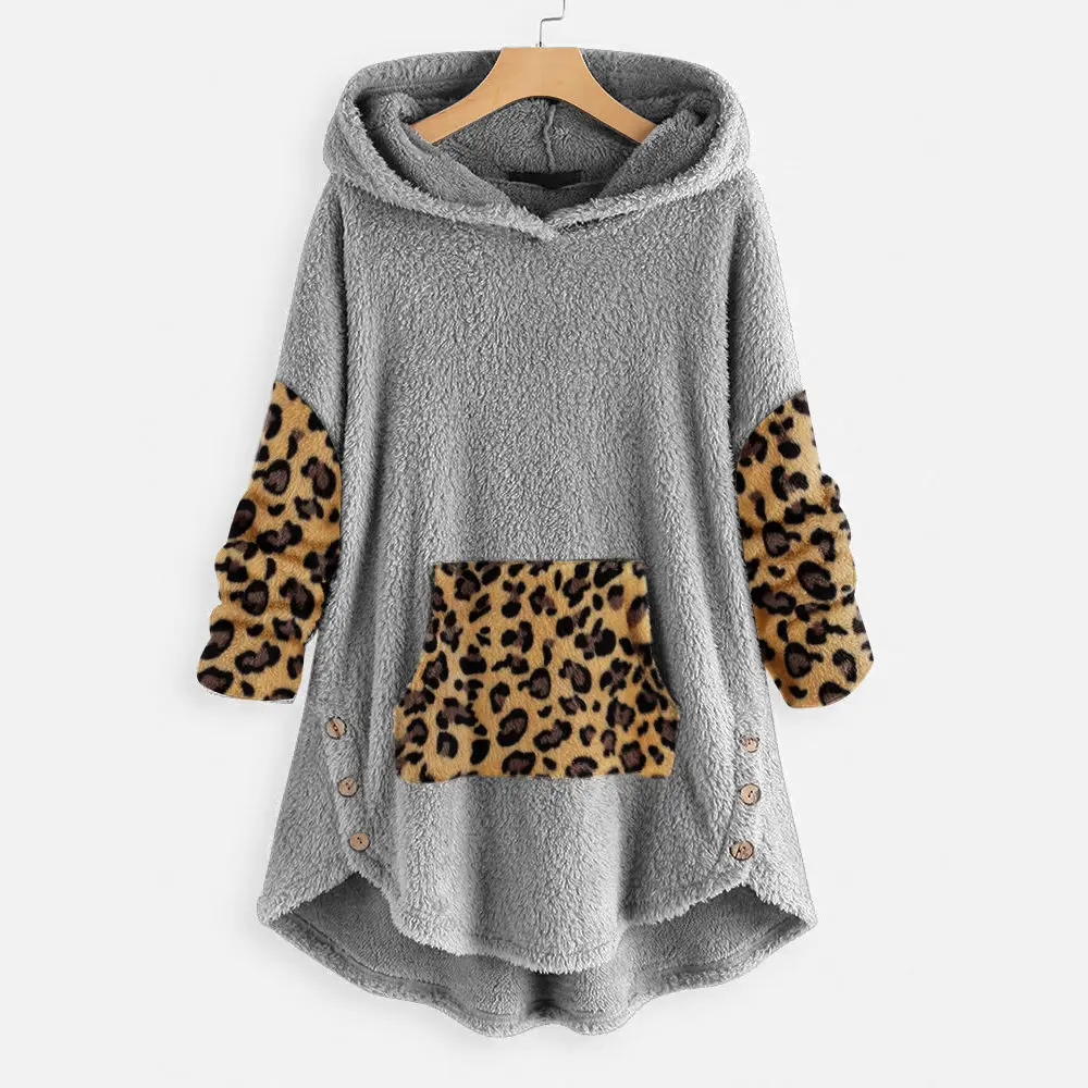 Women Leopard Teddy Coat Oversized 5XL Homewear Fluffy Hooded Fleece Pullover Female Sherpa Robe images - 6