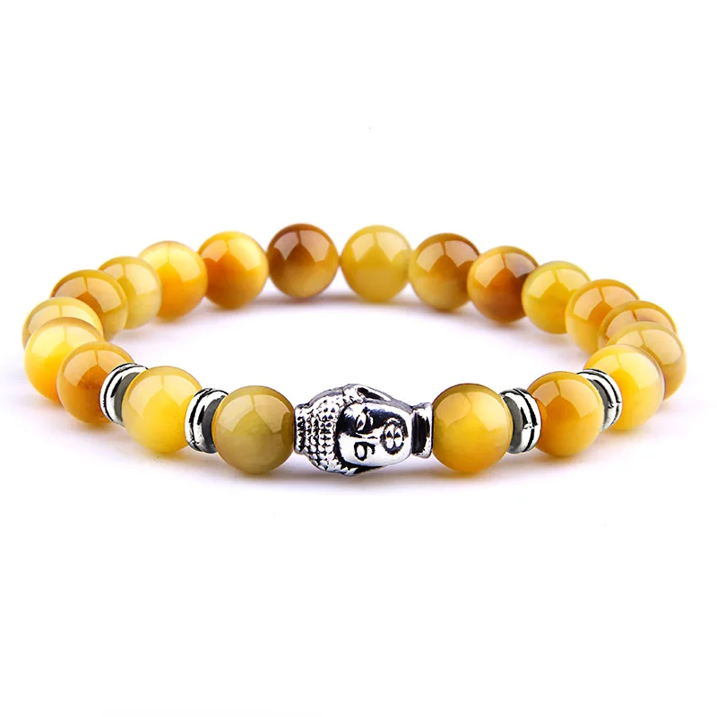Fashion AAA Royal Blue Tiger Eye Men's Bracelet Beads Natural Stone Buddha Stretch Charm Bracelets for Women Men Jewelry - Окраска металла: Gold Tiger-2