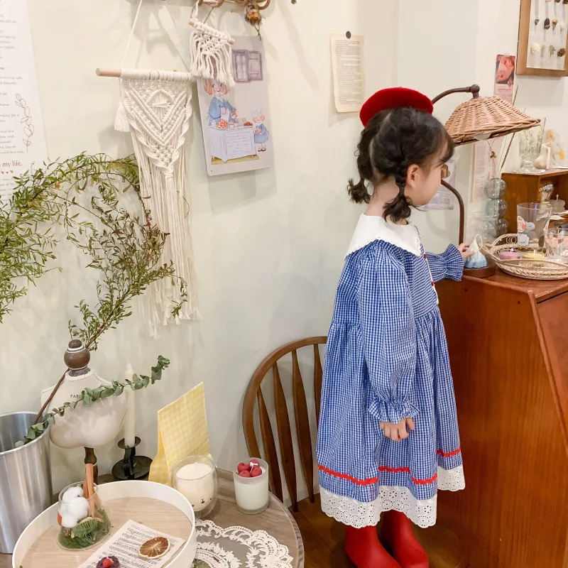 

2021 Spring and Autumn New Girls Long Sleeve Cotton Plaid Dresses Children Kids Lace Baby Lapel Collar Princess Dress